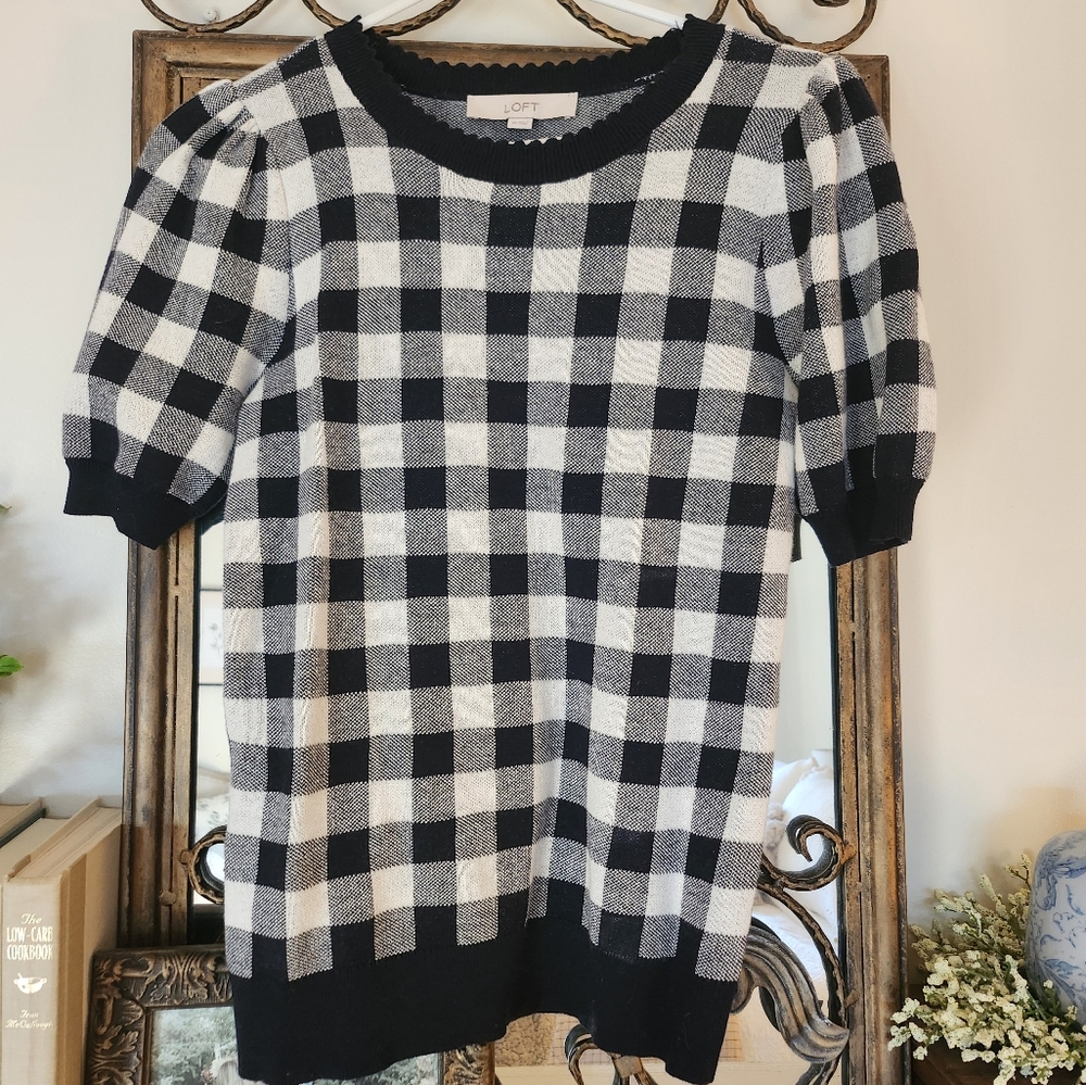 Loft Gingham Puff Sleeve Sweater Size XS